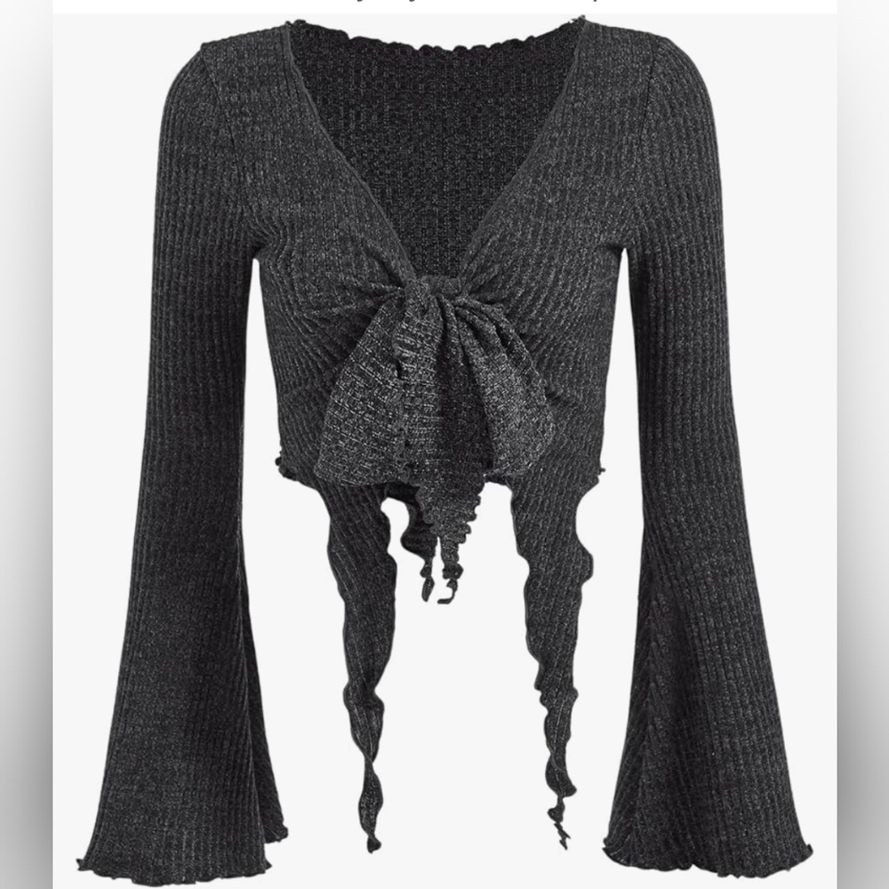 SOLY HUX Womens Long Bell Sleeve Crop V-Neck Tie Front Asymmetrical Top Sz L NWT